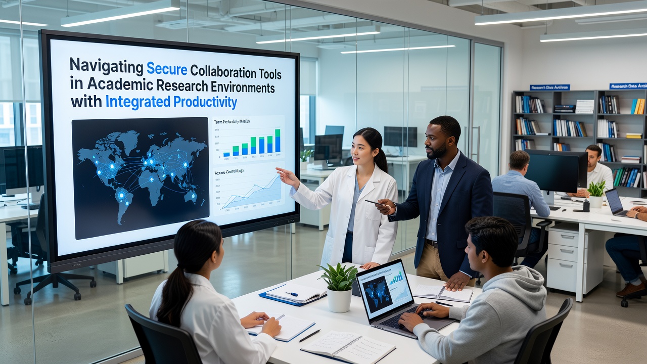 Team of academics reviewing secure data sharing protocols on integrated productivity dashboards