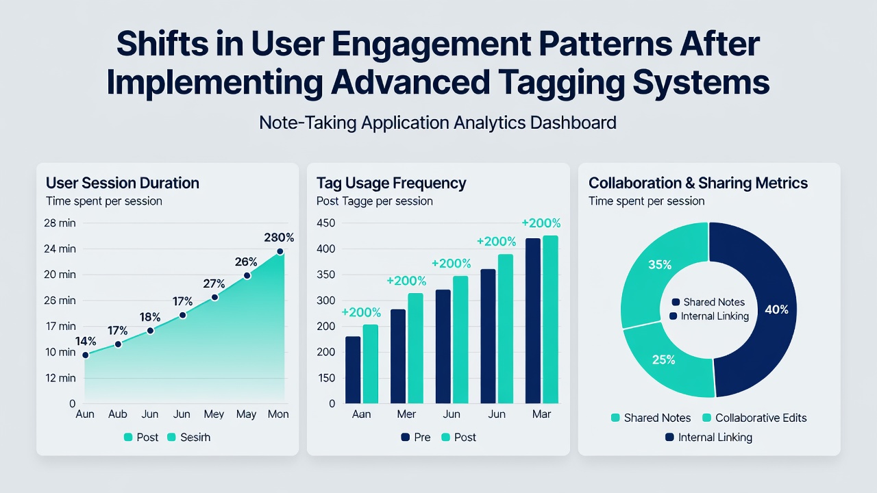 Dashboard view displaying engagement analytics and tagging usage statistics in a note-taking app